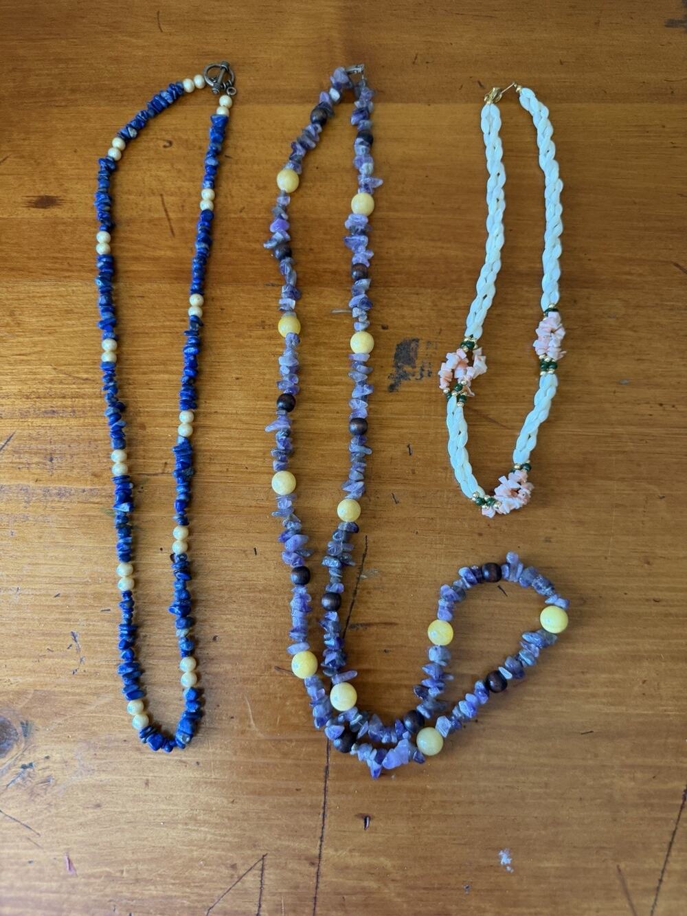Boho Gemstone Necklace Bundle Amethyst Lapis Floral Beaded Layering Jewelry Lot